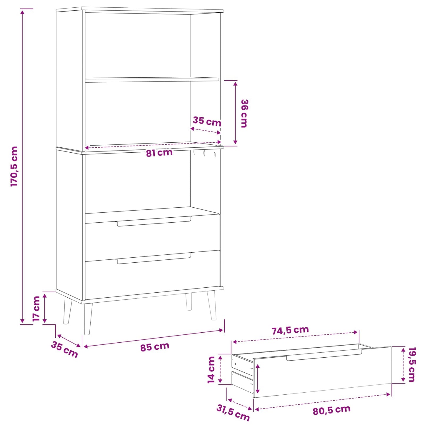 vidaXL Βιβλιοθήκη MOLDE 85 x 35 x 170,5 εκ Μασίφ Ξύλο Πεύκου Καραμέλα