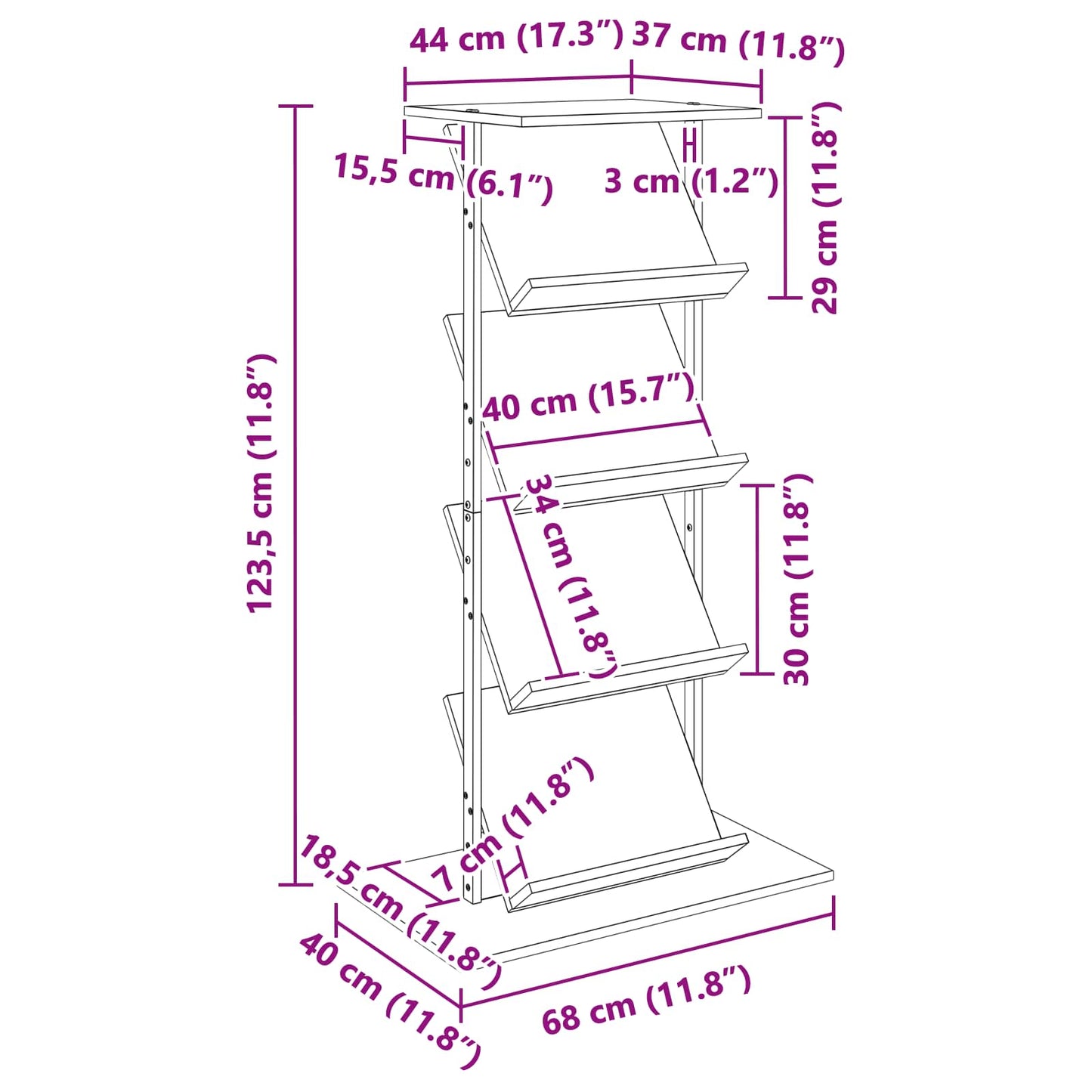vidaXL Ράφι Περιοδικών με ράφι Γκρίζο Σονομα 68 x 40 x 123.5 εκ.
