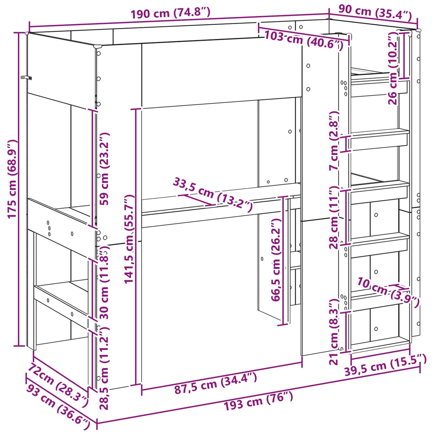 vidaXL Σκελετός κουκέτας με γραφείο Γκρι Sonoma 90 x 190 cm