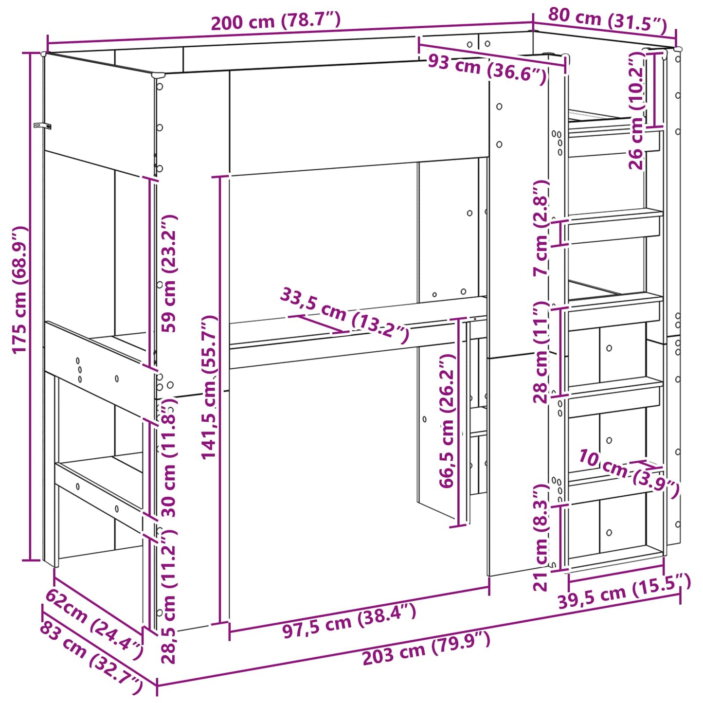 vidaXL Σκελετός κουκέτας με γραφείο με ράφι Artisan Oak 80 x 200 cm