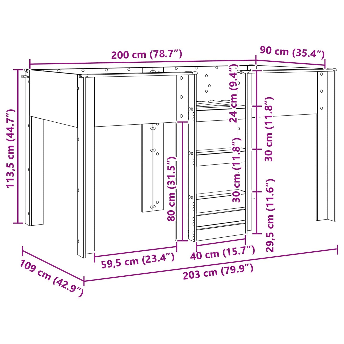 vidaXL Κρεβάτι Κουκέτα για Παιδιά Παλιό ξύλο 90 x 200 cm