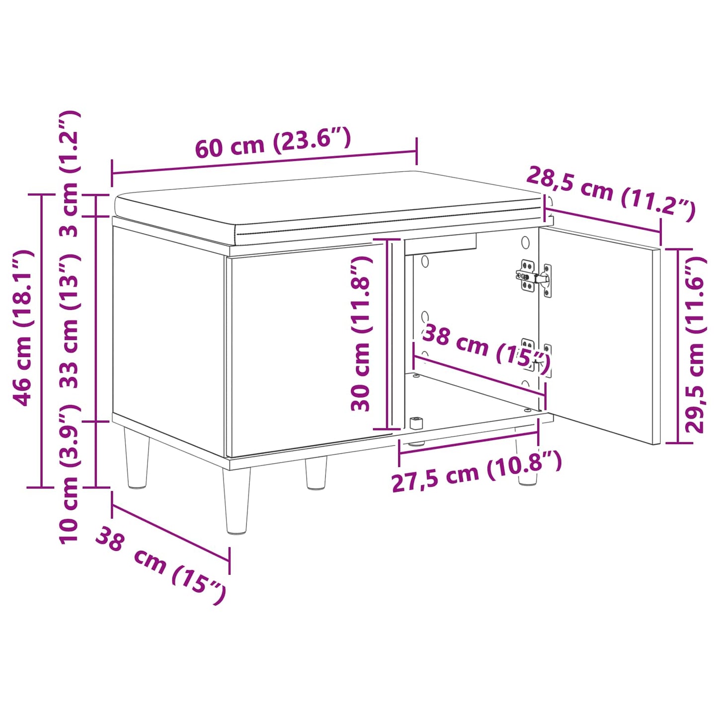 vidaXL Παγκάκι Χαλωρίου με μαξιλάρι Μαύρη Οξυά 60 x 38 x 46 εκ
