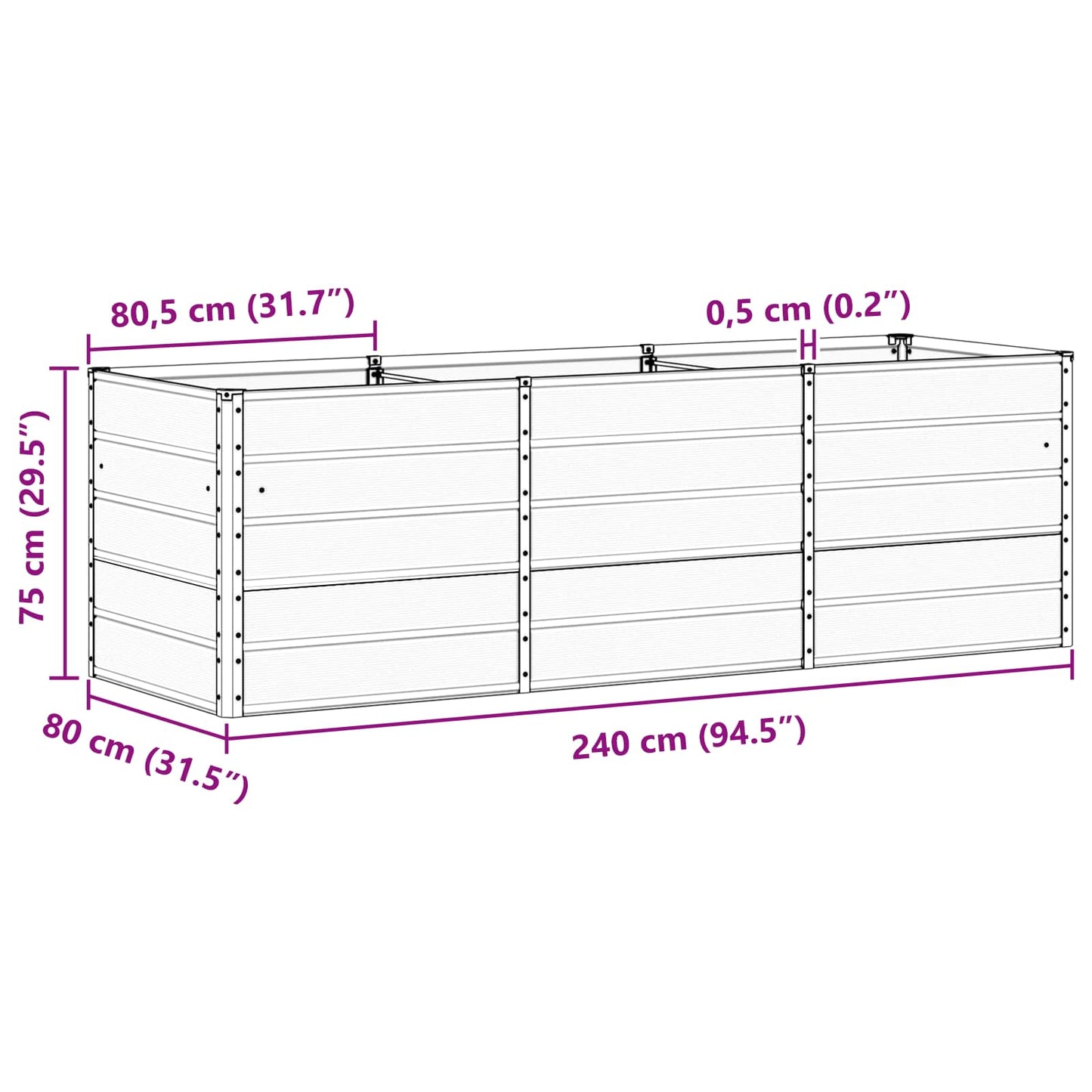 vidaXL Γλάστρα Ανοιχτό γκρι 240 x 80 x 75 εκ. Ατσάλι