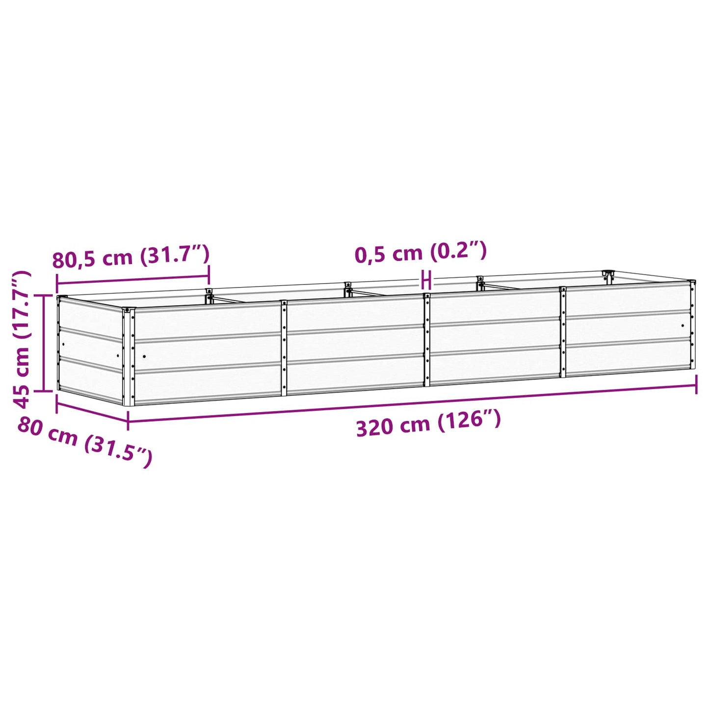 vidaXL Γλάστρα Ανοιχτό γκρι 320 x 80 x 45 cm Ατσάλι