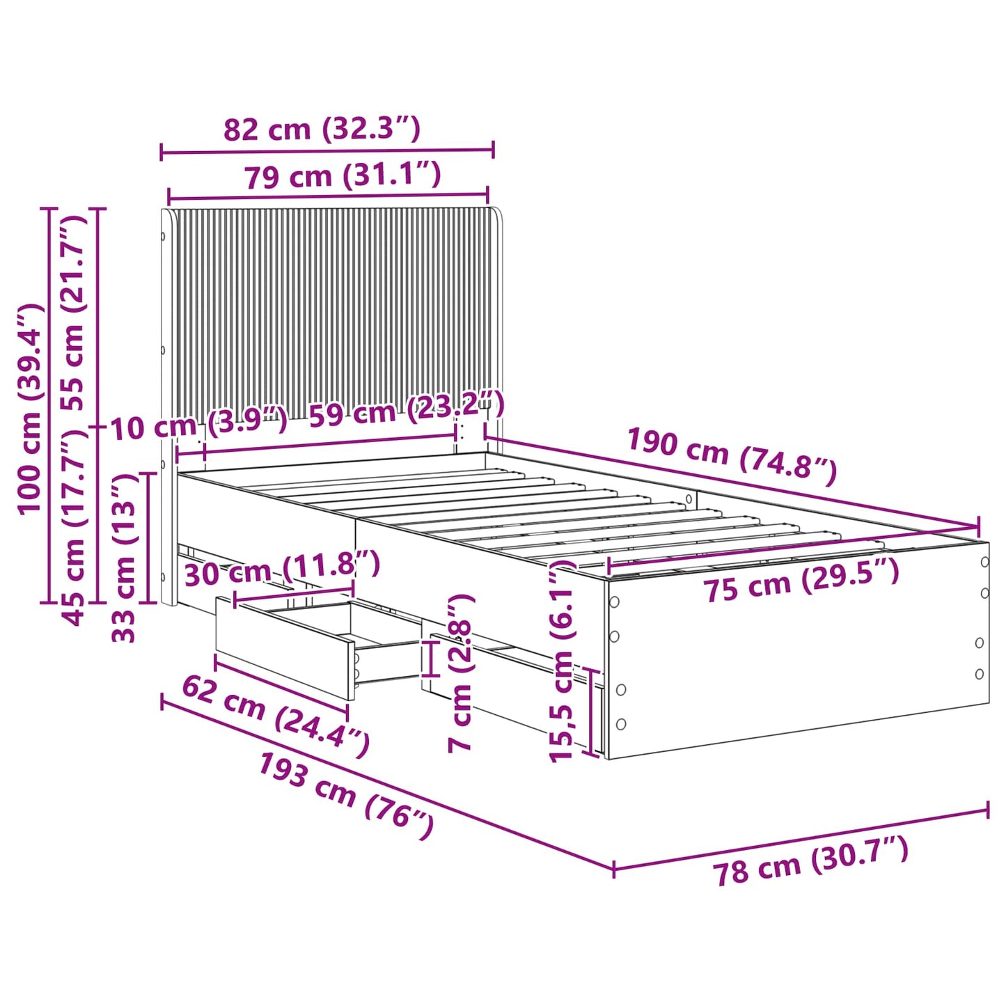 vidaXL Καλάθι με αποθήκη και κεφαλάρι με συρτάρι Λευκό 75 x 190 cm