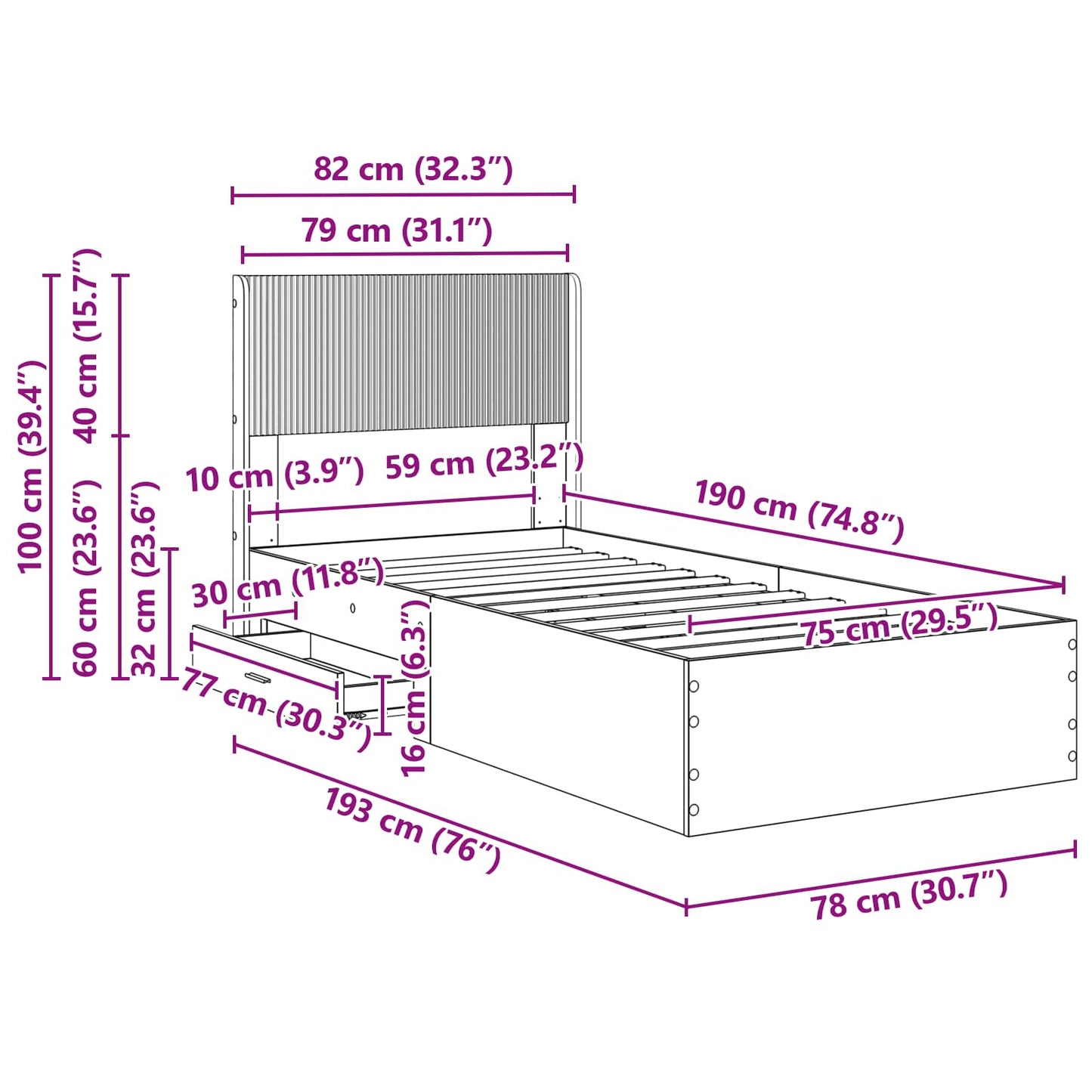 vidaXL Καλάθι με αποθήκη και κεφαλάρι Sonoma Δρυς 75 x 190 cm