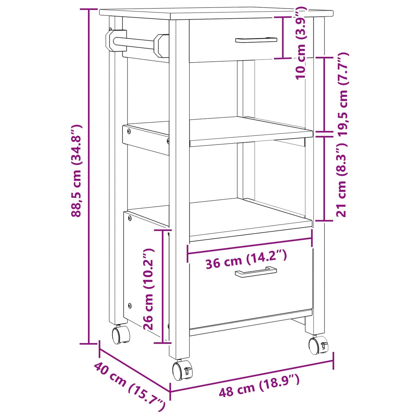 vidaXL Καρότσι Κουζίνας MONZA Μαύρο 48 x 40 x 88,5 εκ.