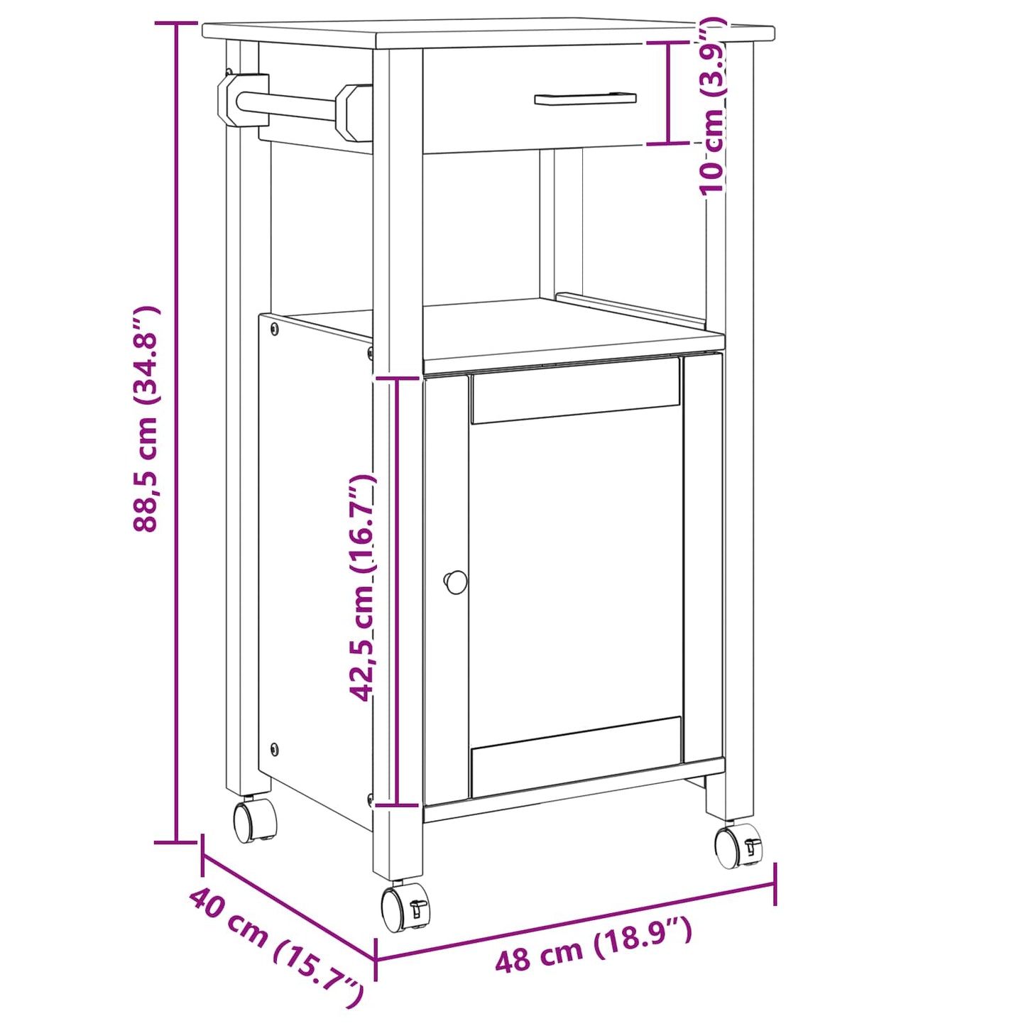 vidaXL Καρότσι Κουζίνας MONZA Μαύρο 48 x 40 x 88,5 εκ.