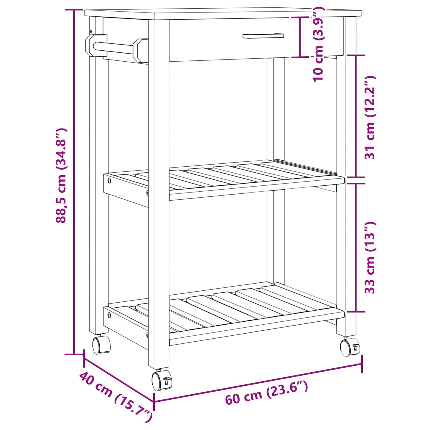 vidaXL Καρότσι Κουζίνας MONZA Μαύρο 60 x 40 x 88,5 εκ