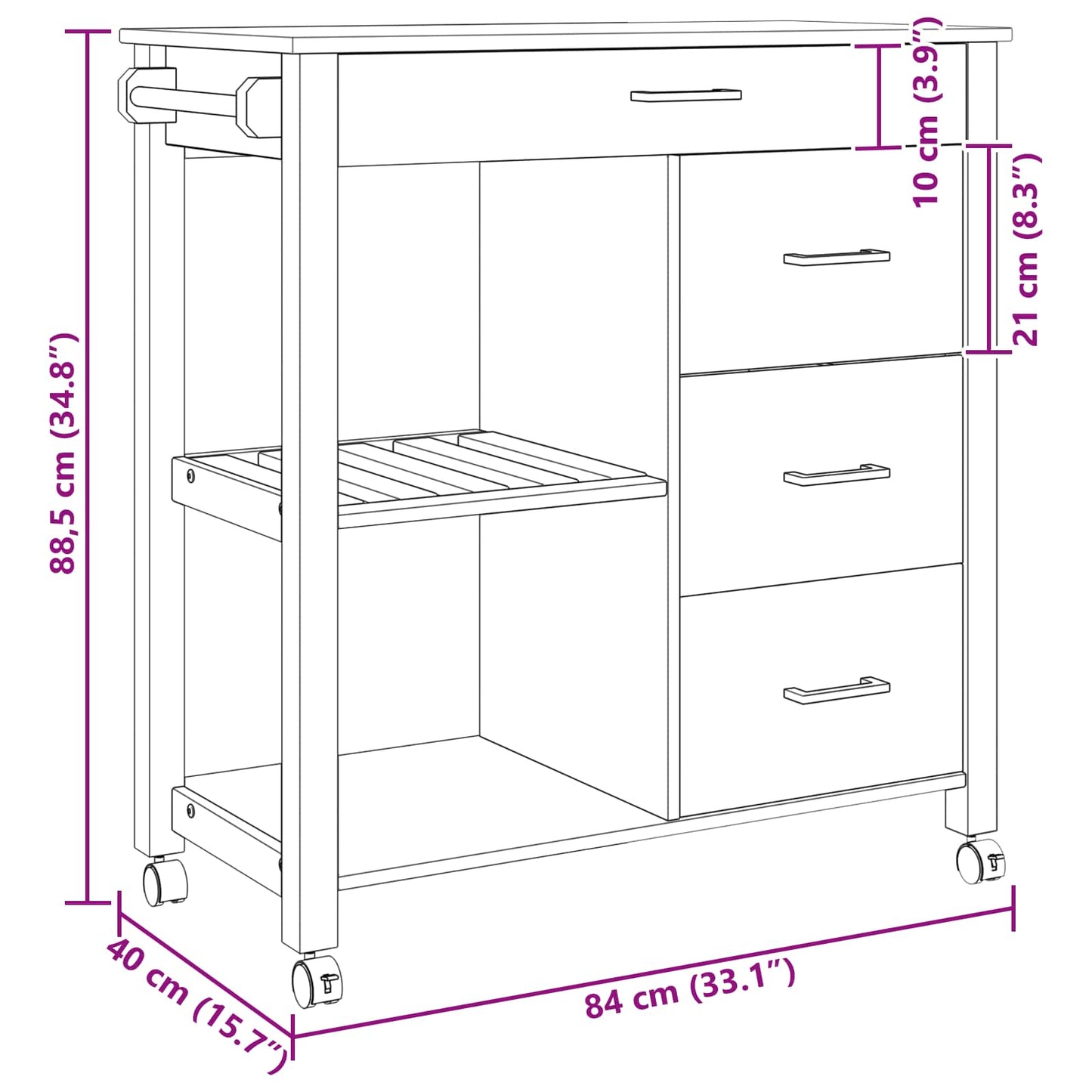 vidaXL Καρότσι Κουζίνας Μαύρο 88,5 x 40 x 84 εκ. Στερεό ξύλο πεύκου