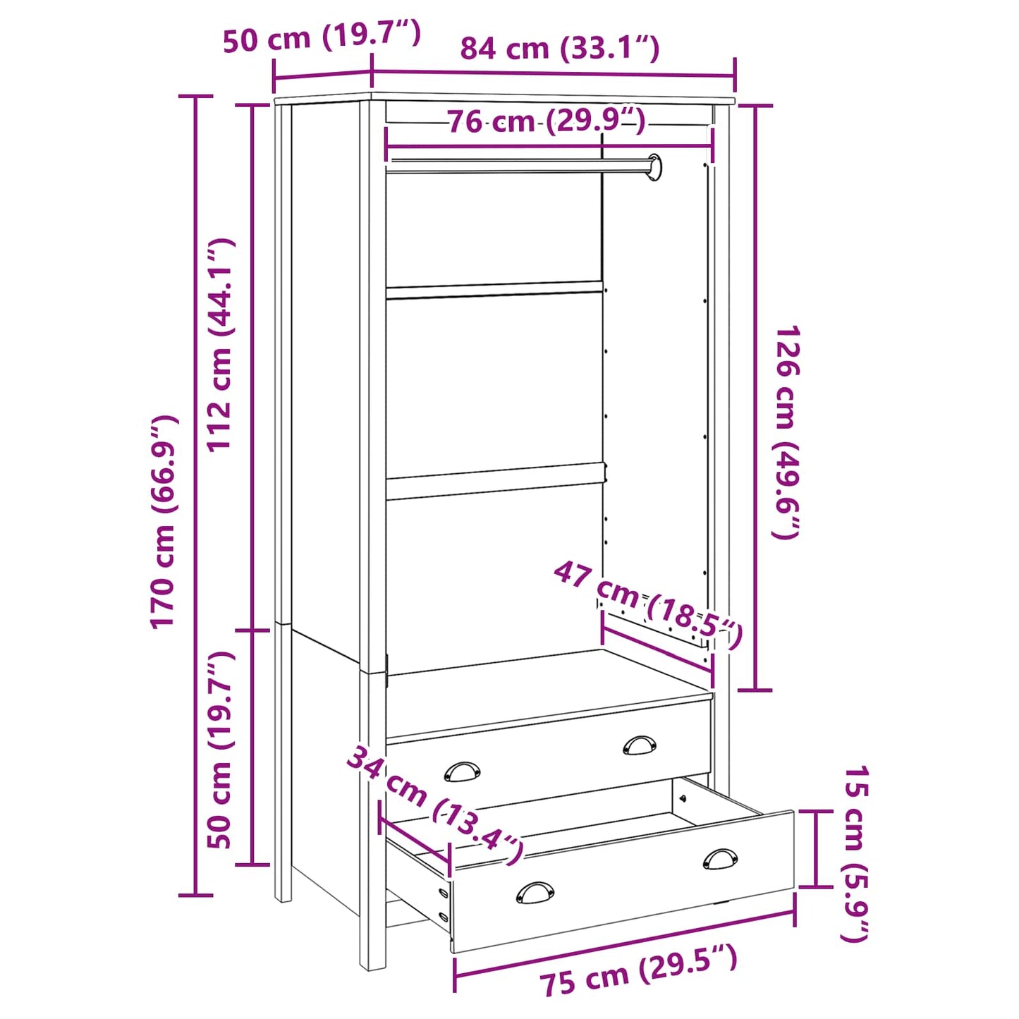 vidaXL Ντουλάπι με ράφι HILL Μέλι Καφέ 84 x 50 x 170 εκ Στερεό πεύκο