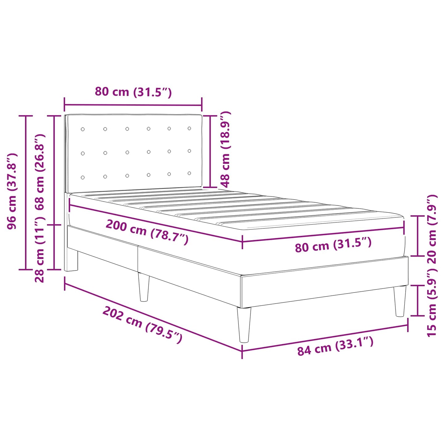 vidaXL Σκελετός κρεβατιού με στρώμα Μαύρο 80 x 200 cm Ύφασμα
