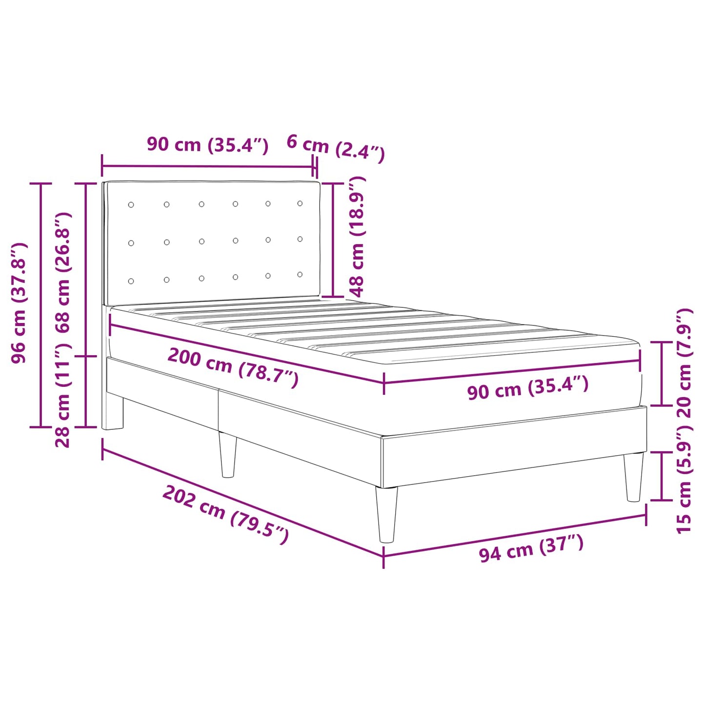 vidaXL Σκελετός κρεβατιού με στρώμα Μαύρο 90 x 200 cm ύφασμα