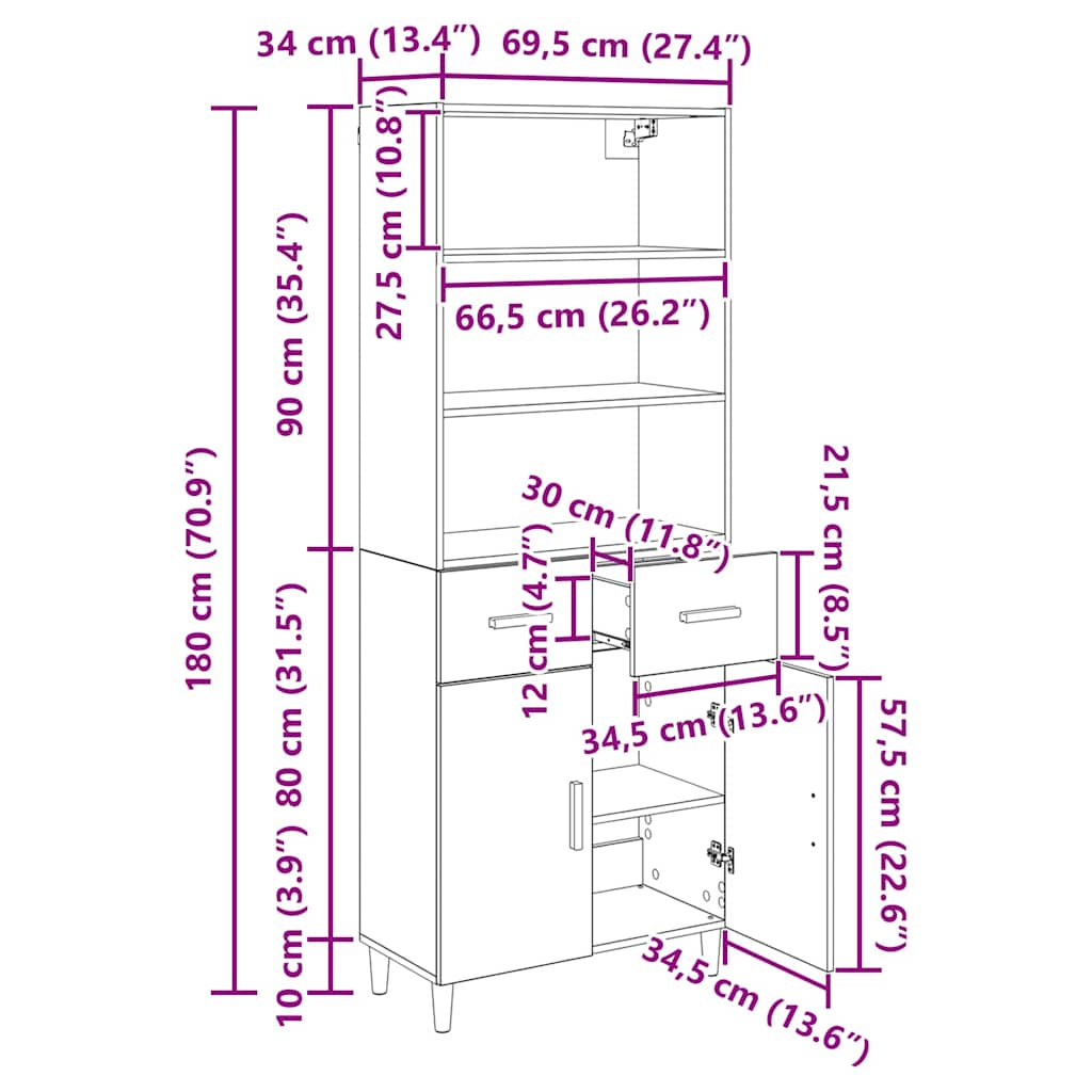 vidaXL Highboard Artisan Oak 69,5 x 32,5 x 180 εκ Επεξεργασμένο ξύλο