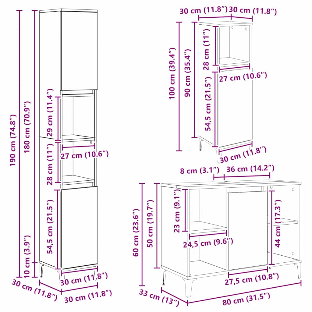 vidaXL Σετ Επίπλων Μπάνιου 3 pcs Artisan Oak Επεξεργασμένο ξύλο