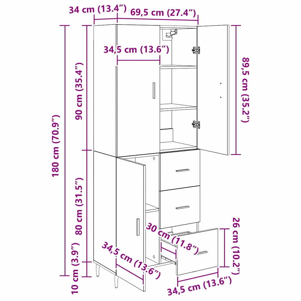 vidaXL Highboard 2 τμχ. Artisan Oak 69,5 x 34 x 180 εκ.