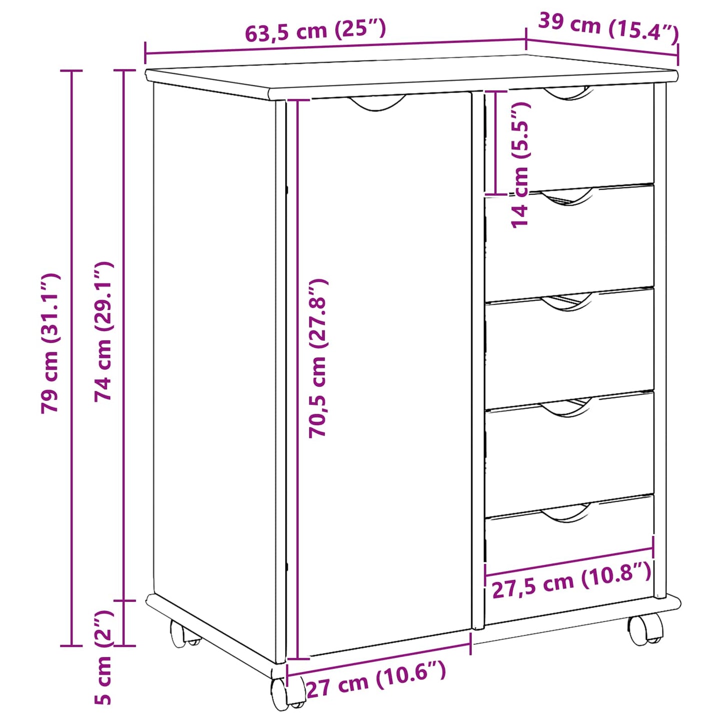 vidaXL Κινητό Ντουλάπι 63,5 x 39 x 79 εκ. Στερεό ξύλο πεύκου Μέλι Καφέ