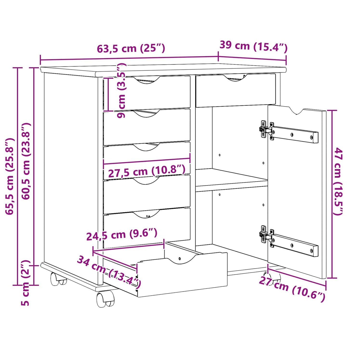 vidaXL Κινητό Ντουλάπι με τροχούς Μέλι Καφέ 63,5 x 39 x 65,5 εκ