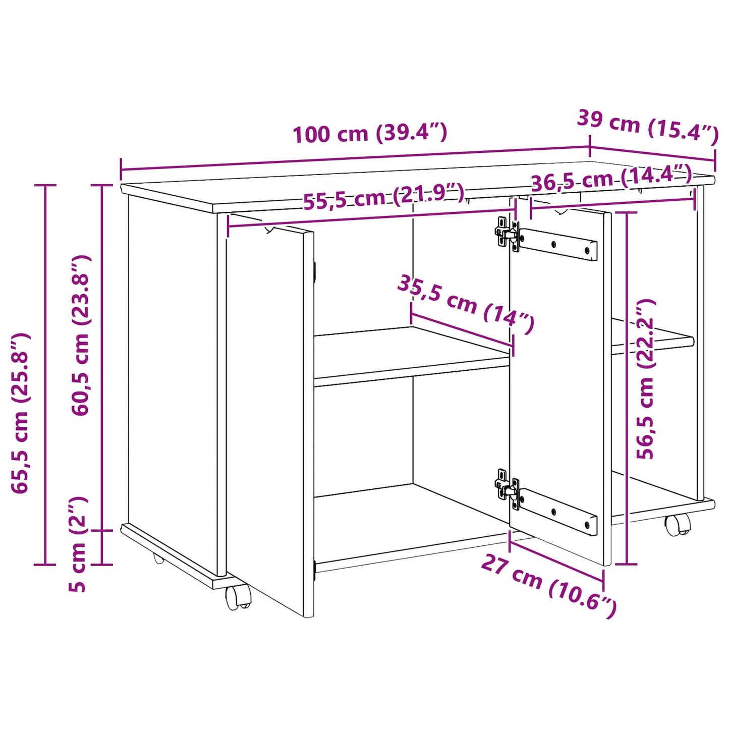 vidaXL Κινητό Ντουλάπι Λευκό 100 x 39 x 65,5 εκ Στερεό ξύλο πεύκου
