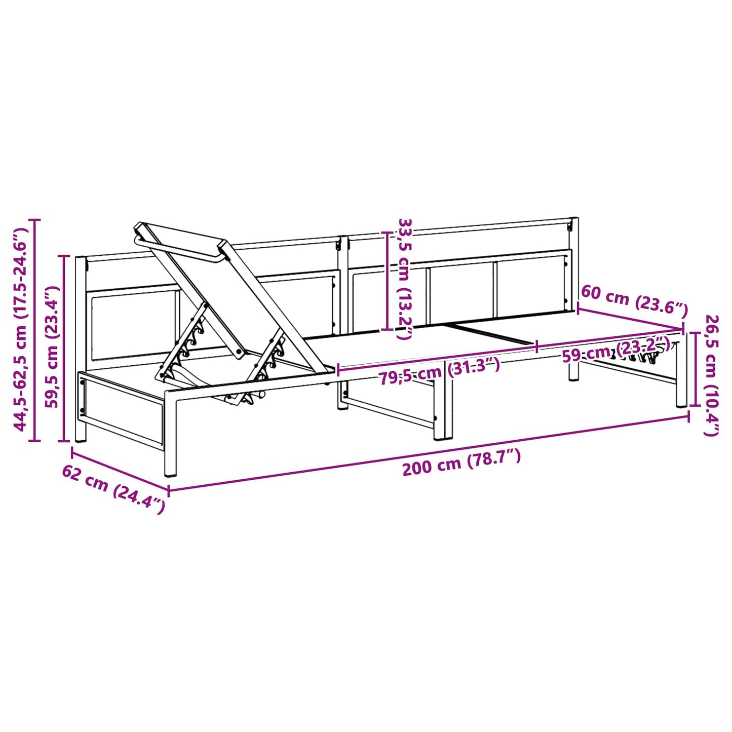 vidaXL Ξαπλώστρα Μαύρο 200 x 62 x 59,5 εκ Textilene