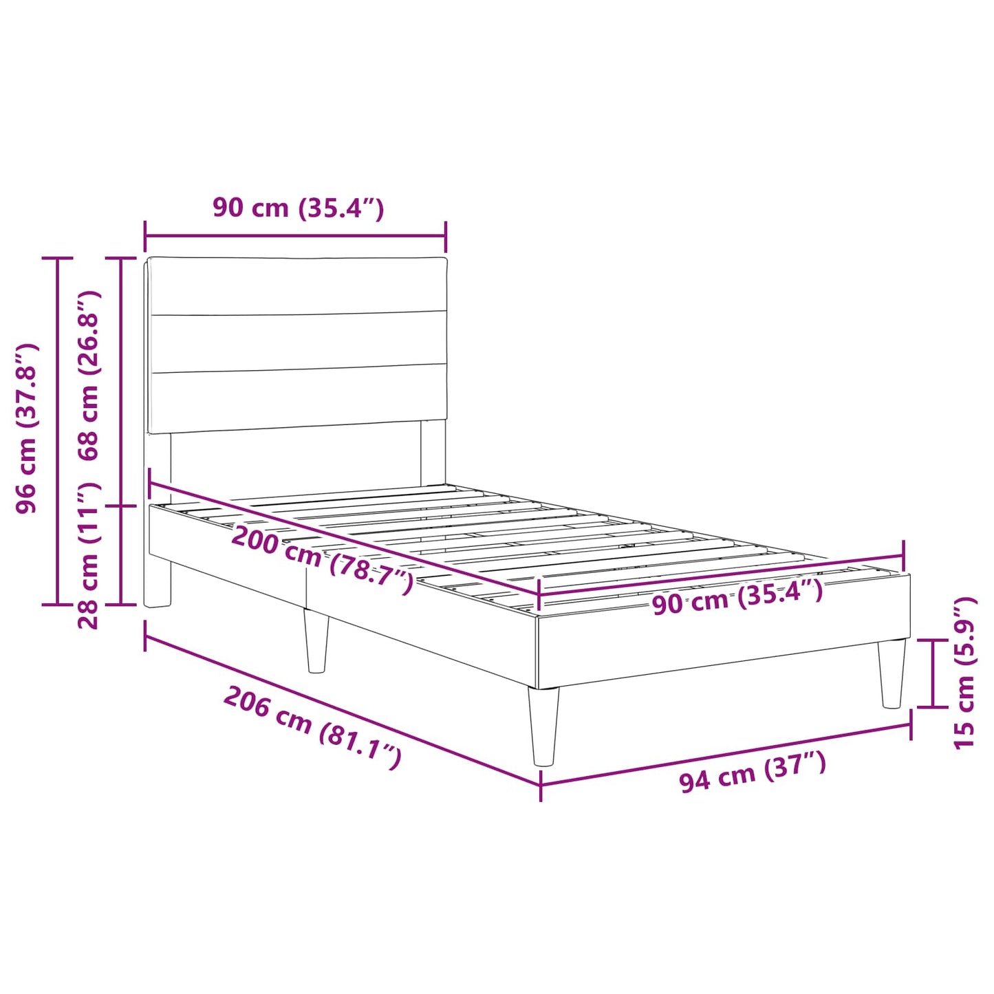 vidaXL Σκελετός Κρεβατιού με κεφαλάρι Μαύρο 90 x 200 cm Ύφασμα