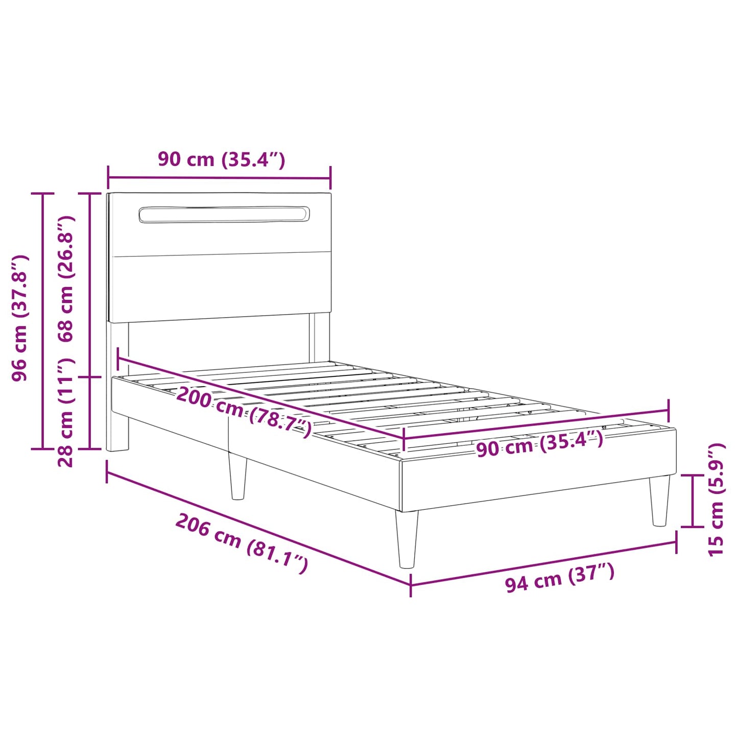 vidaXL Σκελετός Κρεβατιού με κεφαλάρι Μαύρο 90 x 200 cm Τεχνητό Δέρμα