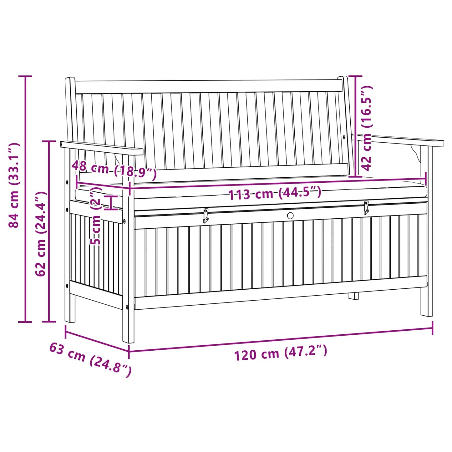vidaXL Παγκάκι με αποθήκευση 2 -Seater 120 x 63 x 84 cm Ορθογώνιος