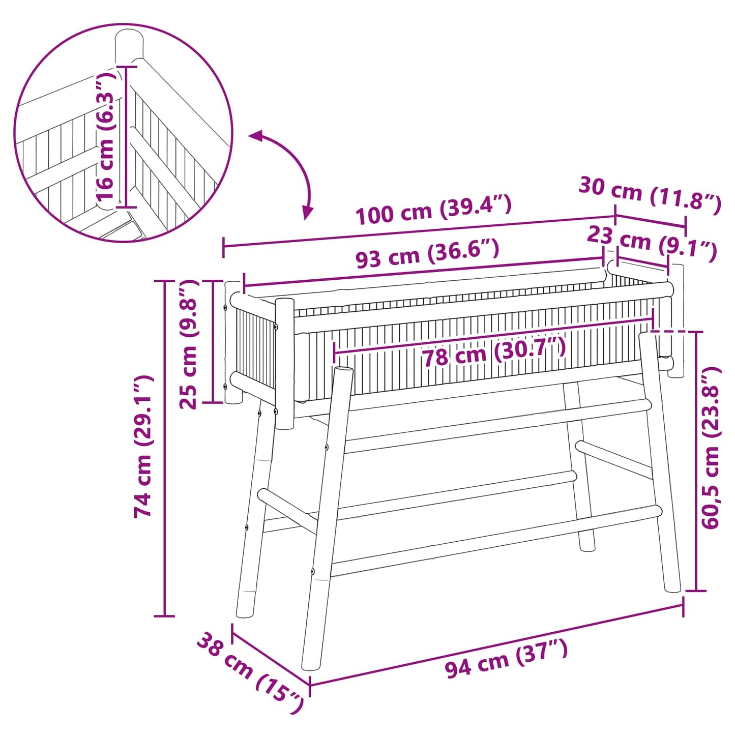 vidaXL Γλάστρα Κήπου με Βάση Φυσικό 100 x 38 x 74 εκ Μπαμπού
