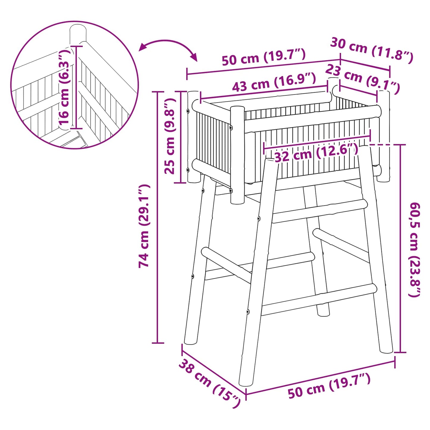vidaXL Γλάστρα Κήπου με Βάση Φυσικό 50 x 38 x 74 εκ Μπαμπού