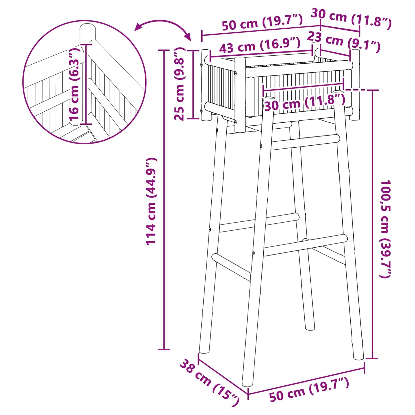 vidaXL Γλάστρα Κήπου με Βάση Φυσικό 50 x 38 x 114 εκ Μπαμπού
