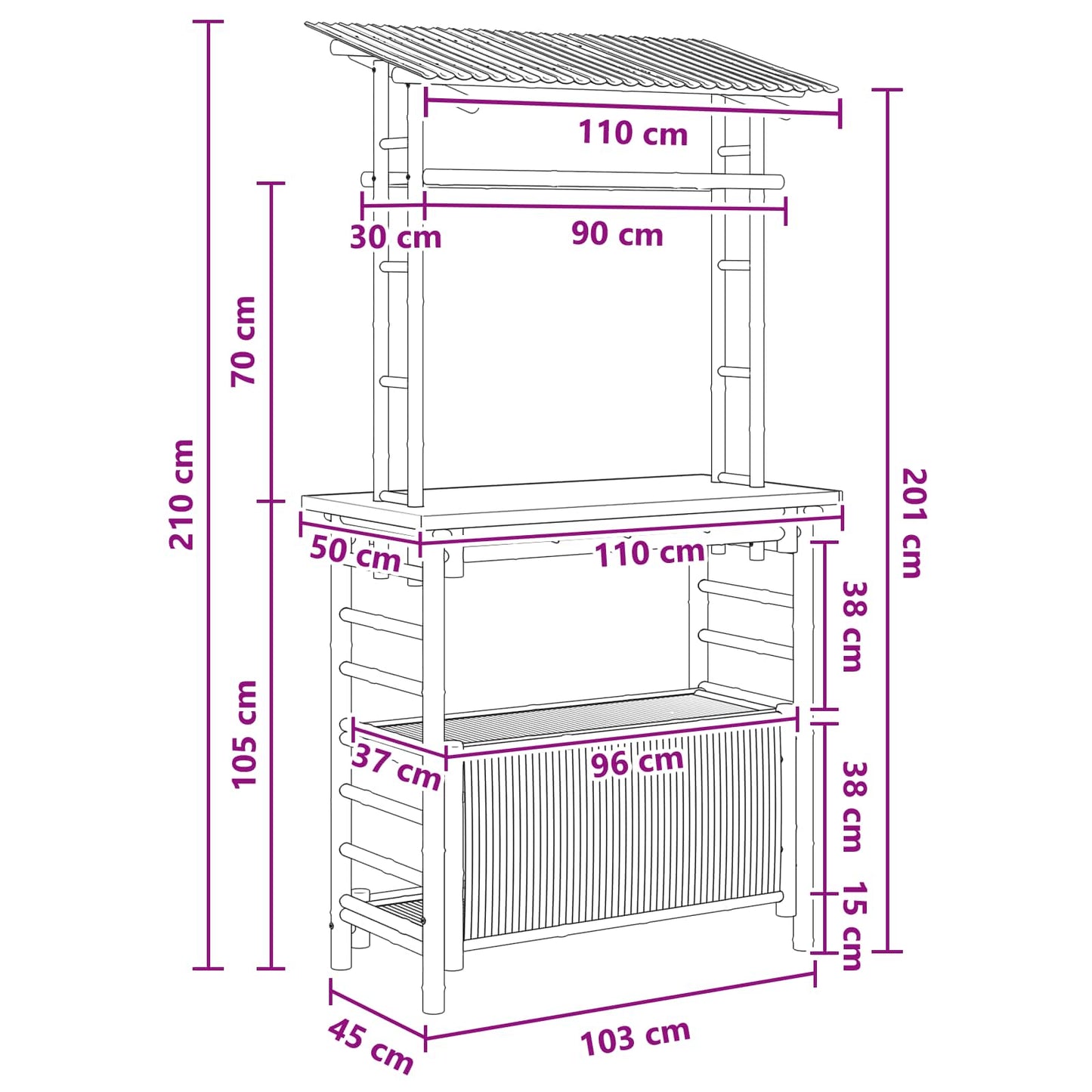 vidaXL Εξωτερικό τραπέζι μπαρ Φυσικό 110 x 50 x 210 εκ. Μπαμπού