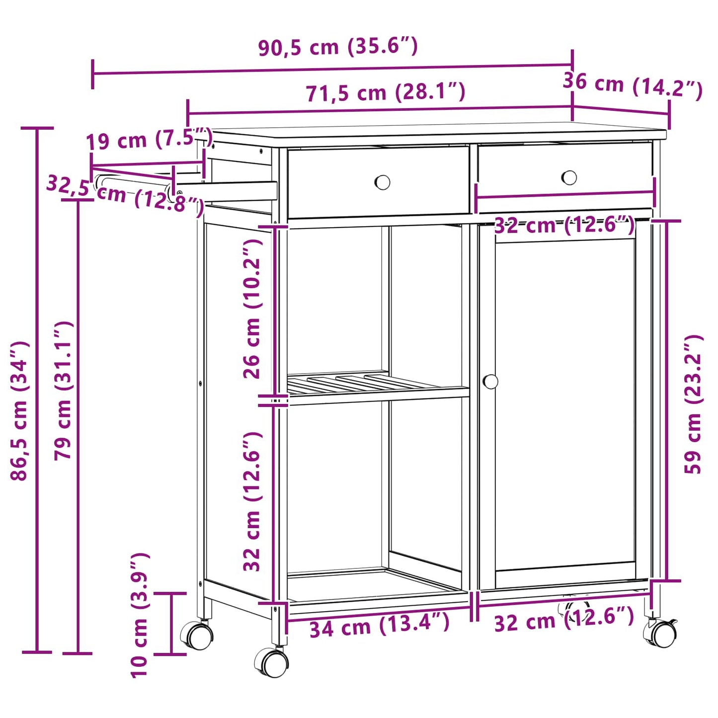 vidaXL Καλάθι κουζίνας με ρόδες Φυσικό 90,5 x 36 x 86,5 εκ Μπαμπού