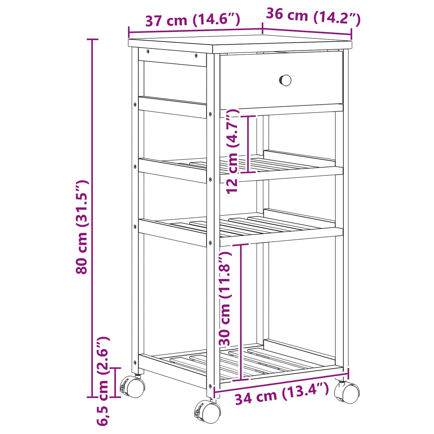 vidaXL Καλάθι κουζίνας με ρόδες Φυσικό 37 x 36 x 80 εκ Μπαμπού
