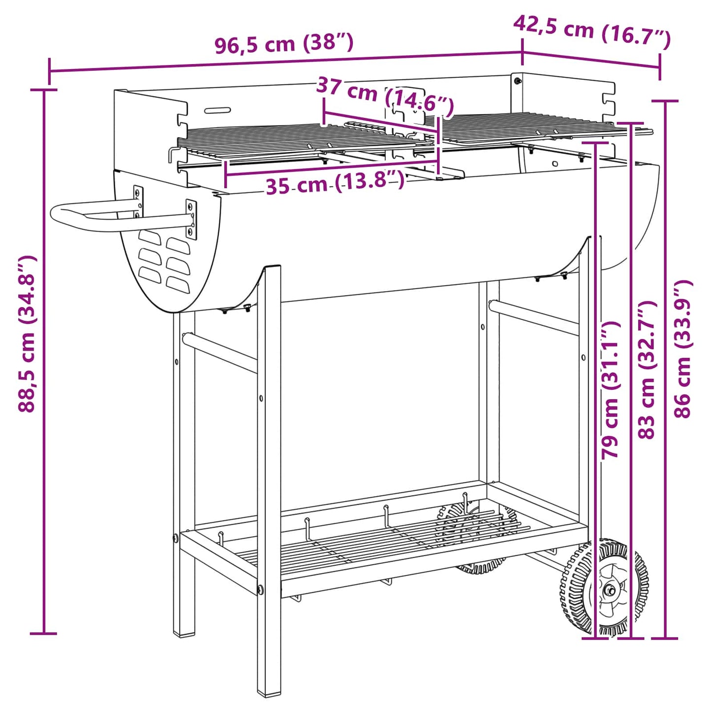vidaXL Γκριλ κάρβουνο 96,5 x 42,5 x 88,5 εκ Μαύρο