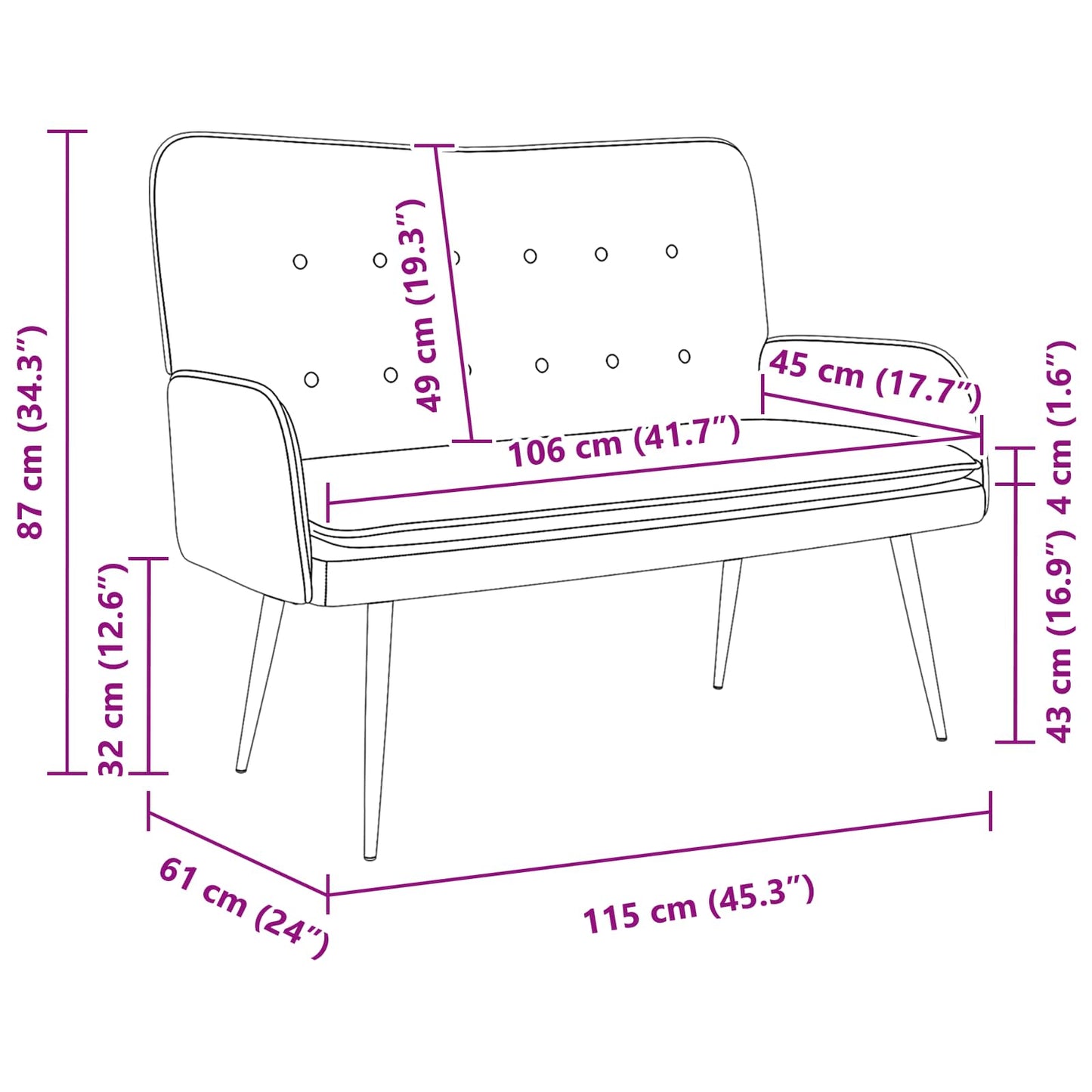vidaXL Καναπές 2 ατόμων Μπλε 115 x 61 x 87 εκ. Ύφασμα