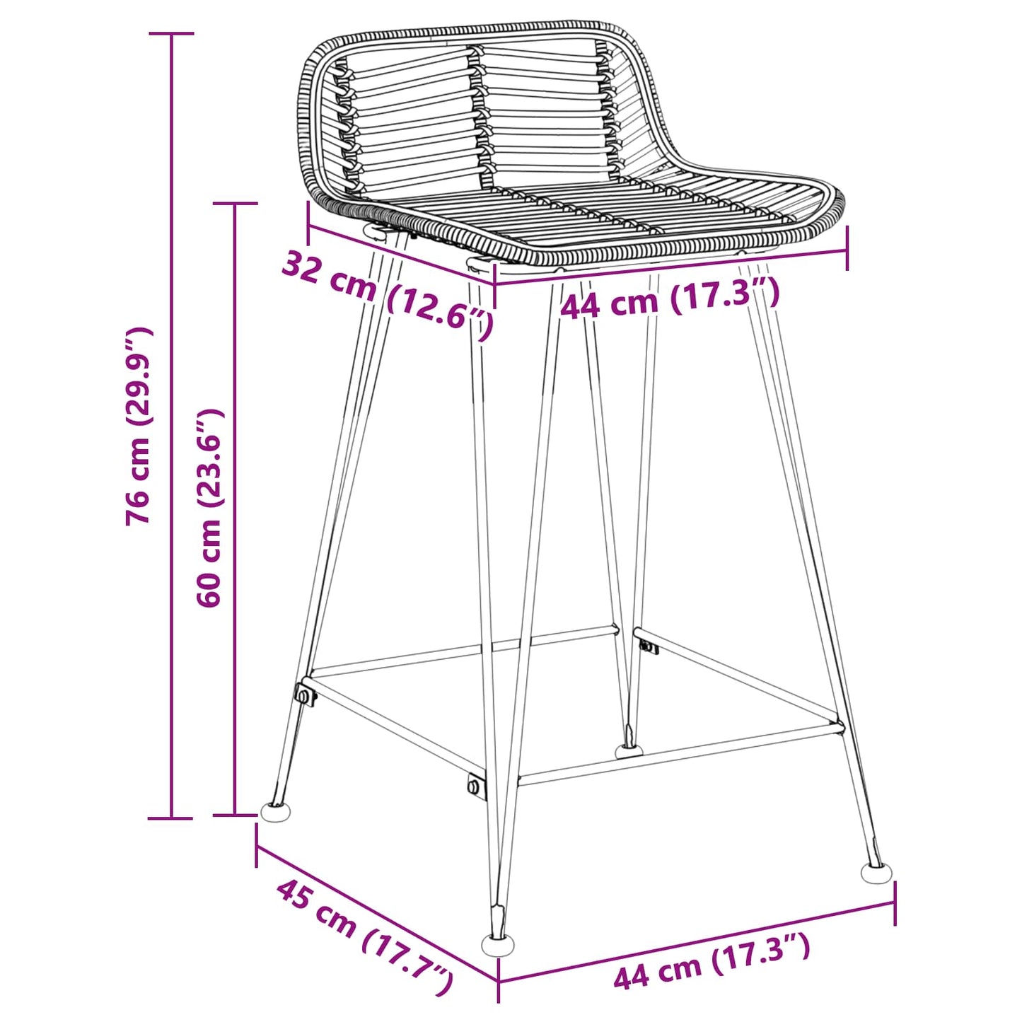 vidaXL Μπαρ σκαμπό 2 pcs Μαύρο 44 x 45 x 76 εκ. Ράτταν και Χάλυβας
