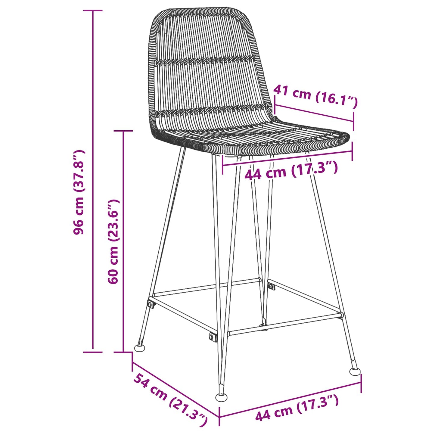 vidaXL Μπαρ σκαμπό 2 pcs Φυσικό 44 x 54 x 96 εκ. Ράτταν και Χάλυβας