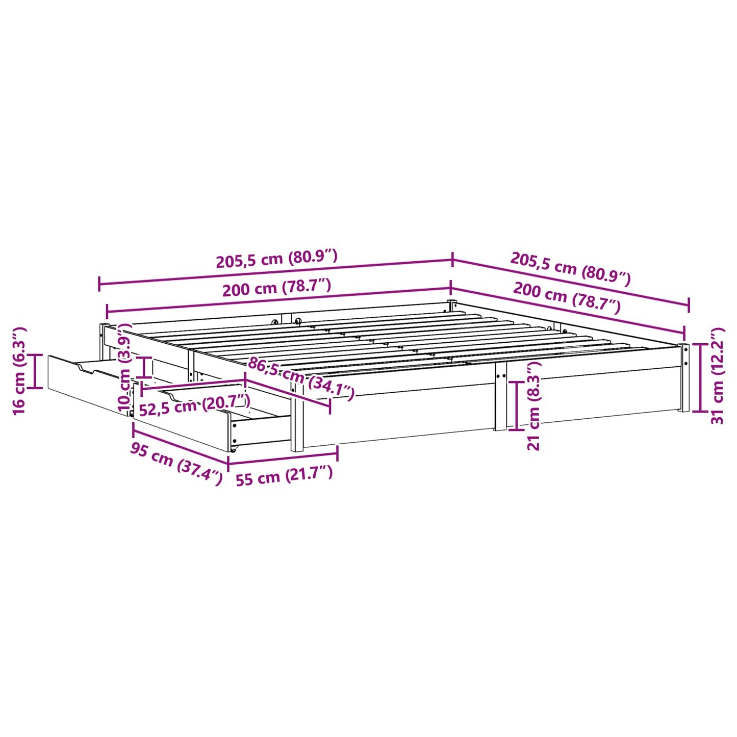 vidaXL Σκελετός Κρεβατιού Κερωτό καφέ 200 x 200 cm Στερεό ξύλο πεύκου