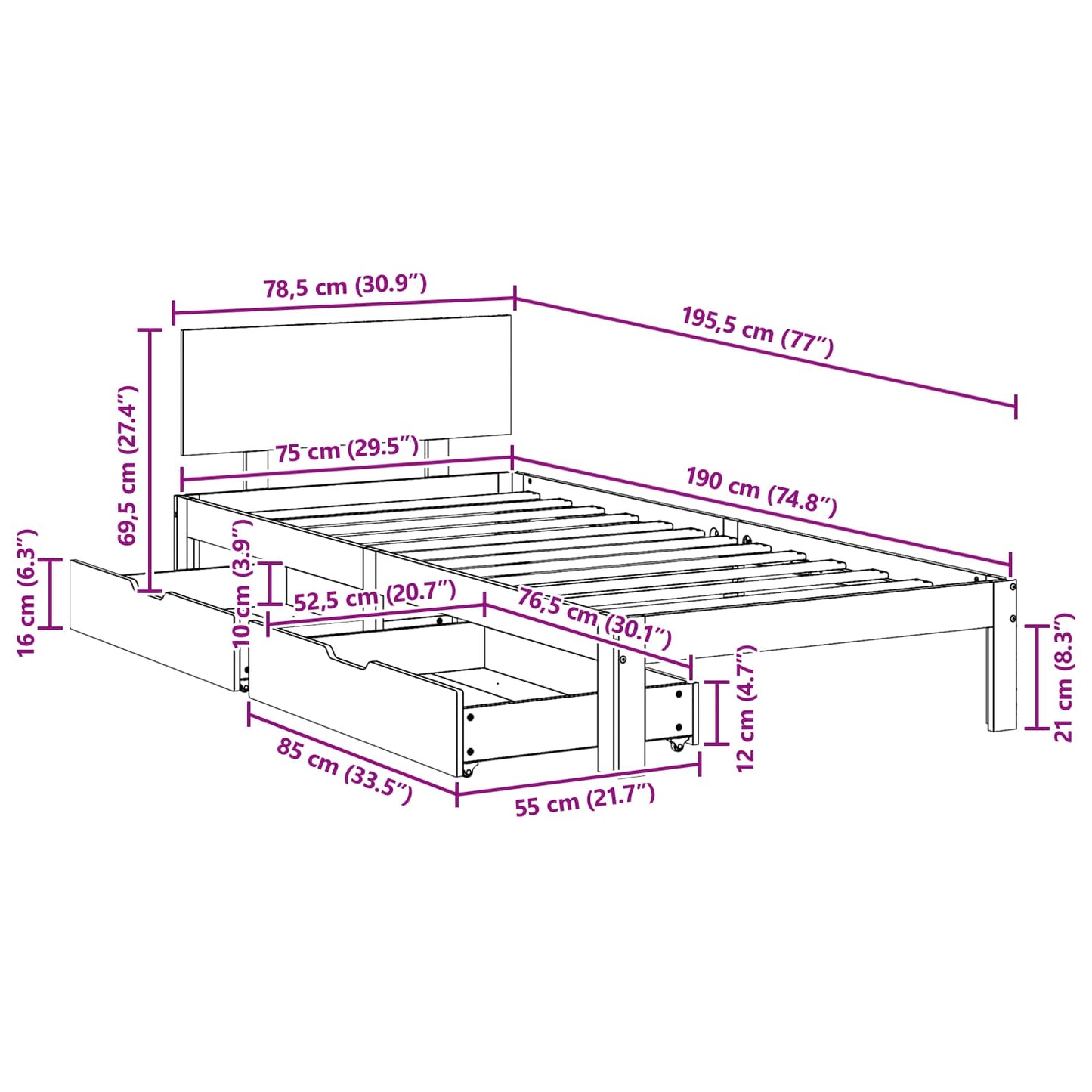 vidaXL Σκελετός Κρεβατιού Κερωτό καφέ 70 x 190 cm Στερεό ξύλο πεύκου