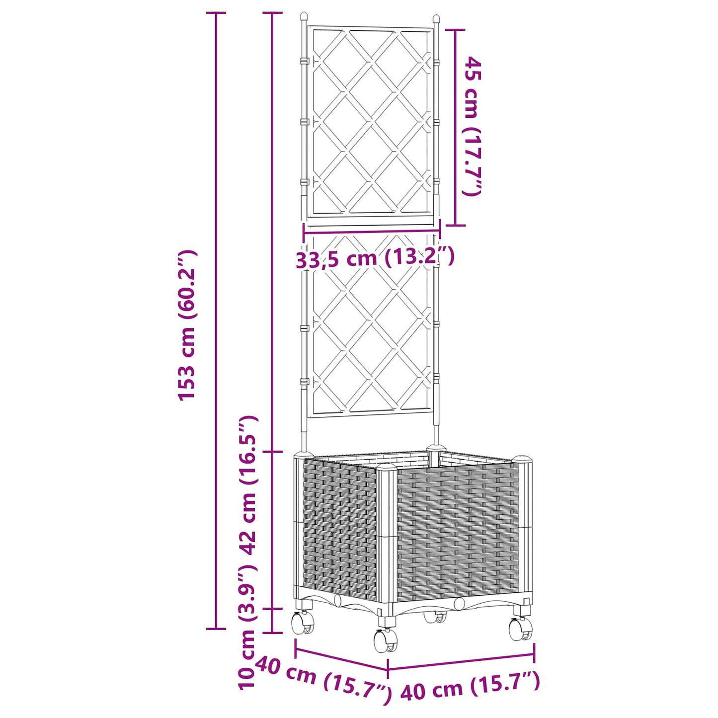 vidaXL Γλάστρα κήπου με πέργκολα & τροχούς Γκρι 40 x 40 x 149 εκ PP
