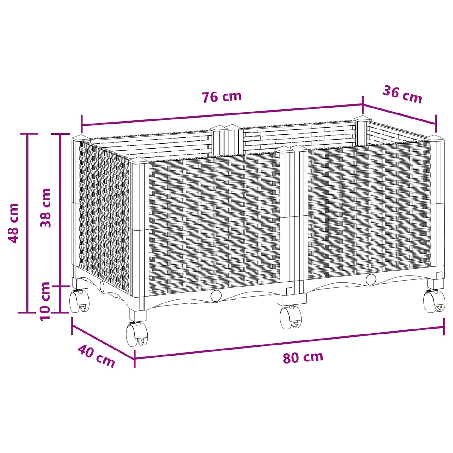 vidaXL Κήπος Γλαστράκι με Ροδάκια Μαύρο 80 x 40 x 44 εκ PP