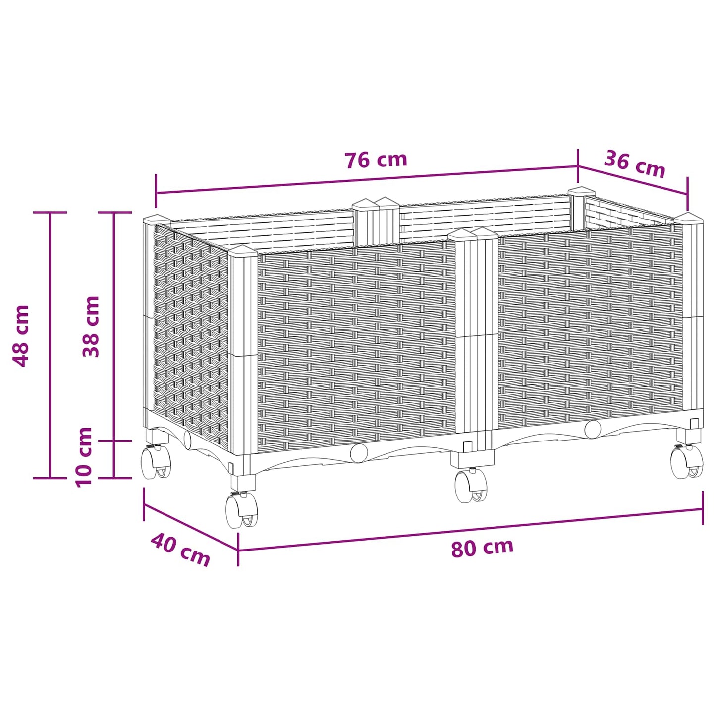 vidaXL Κήπος Γλαστράκι με Ροδάκια Λευκό 80 x 40 x 48 cm PP