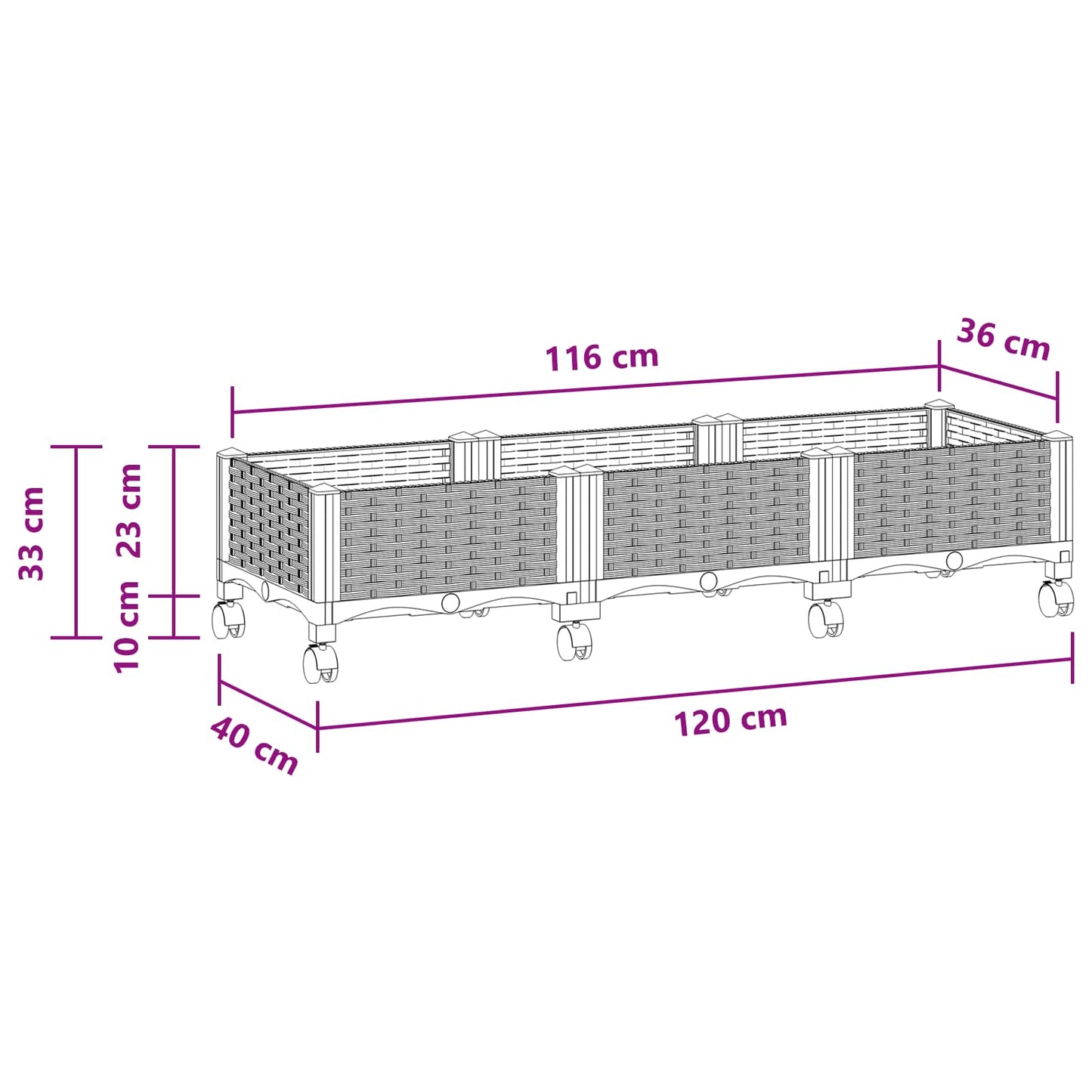 vidaXL Κήπος Γλαστράκι με Ροδάκια Λευκό 120 x 40 x 33 cm PP