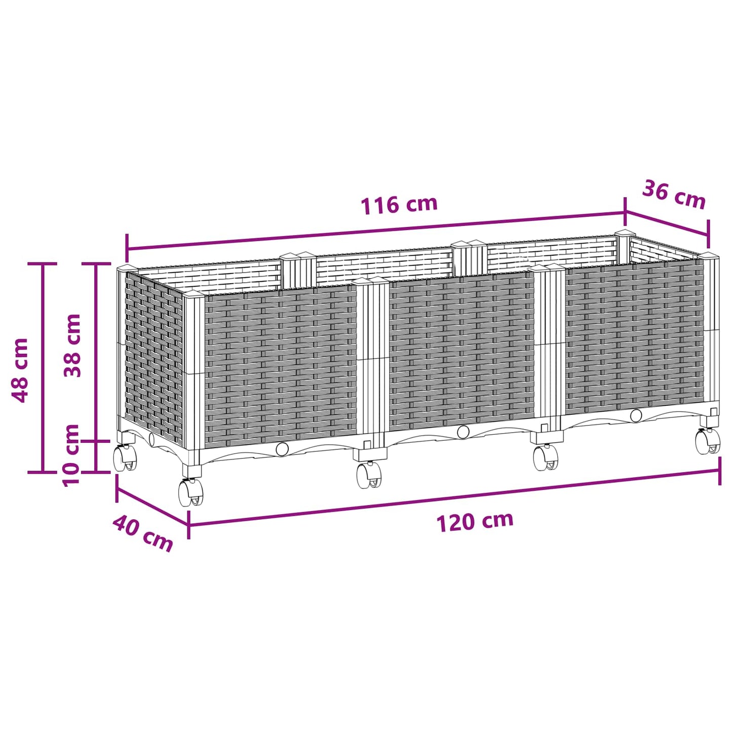 vidaXL Κήπος Γλαστράκι με Ροδάκια Μαύρο 120 x 40 x 44 εκ PP