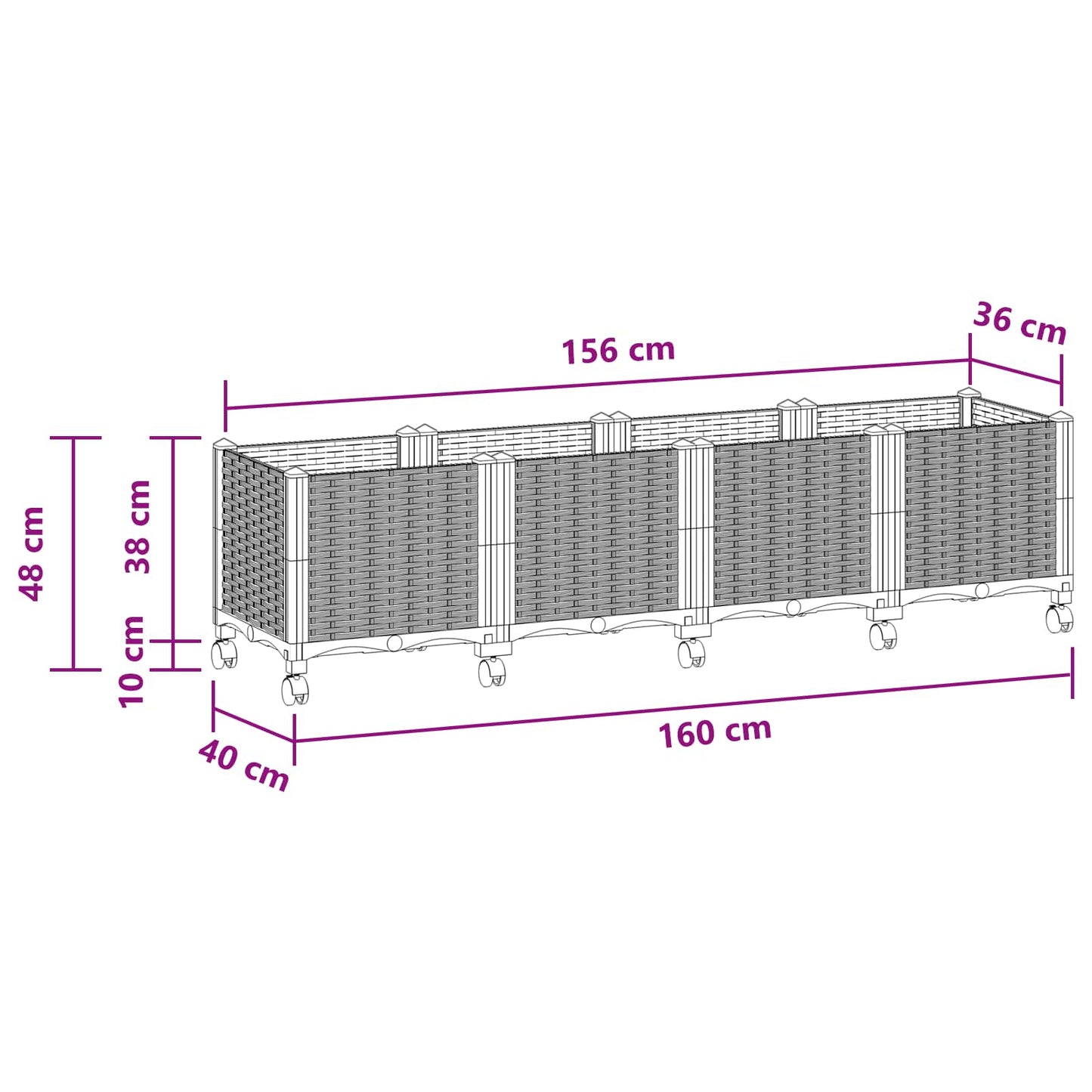 vidaXL Κήπος Γλαστράκι με Ροδάκια Ανοιχτό γκρι 160 x 40 x 48 cm PP
