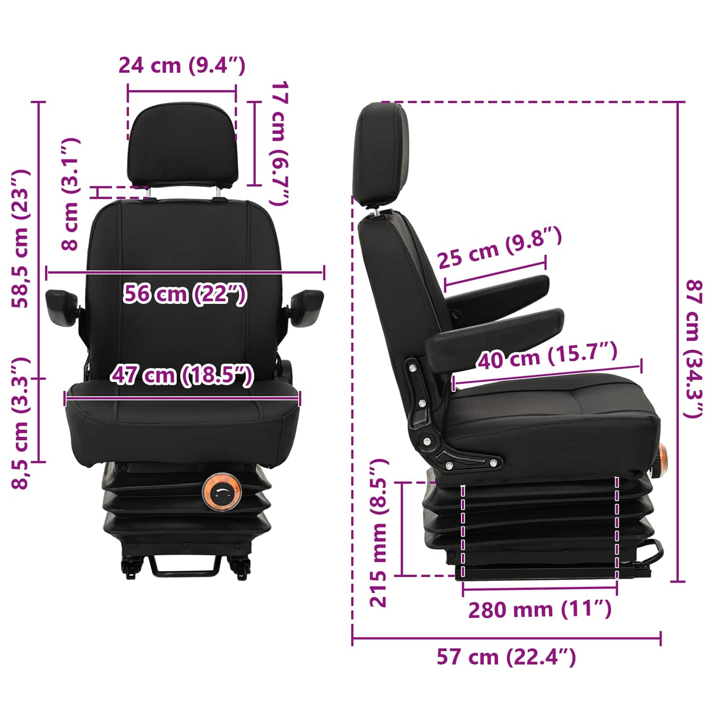 vidaXL Κάθισμα τρακτέρ με ανάρτηση Μαύρο 56 x 57 x 87 εκ
