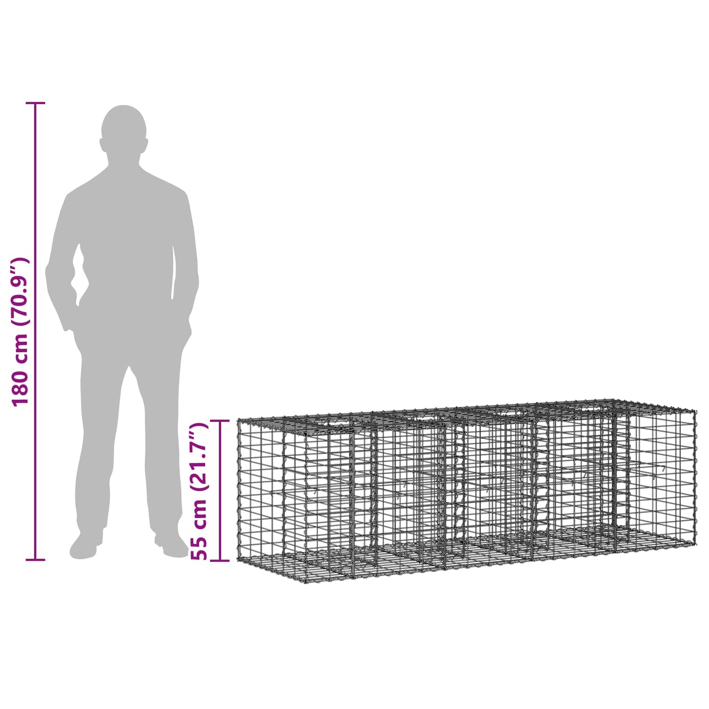 vidaXL Ανασηκωμένο κρεβάτι gabion Ασημί 180 x 60 x 55 εκ