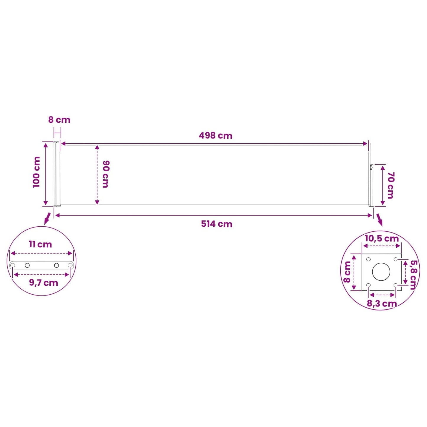 vidaXL Ανακλινόμενος Πλευρικός Απλώστρα 500 x 100 cm Πολυεστέρας