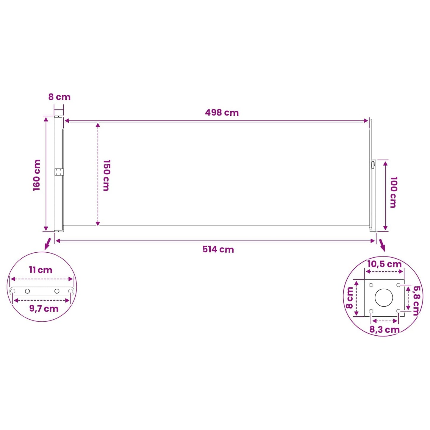 vidaXL Ανακλινόμενος Πλευρικός Απλώστρα 160 x 500 cm Πολυεστέρας