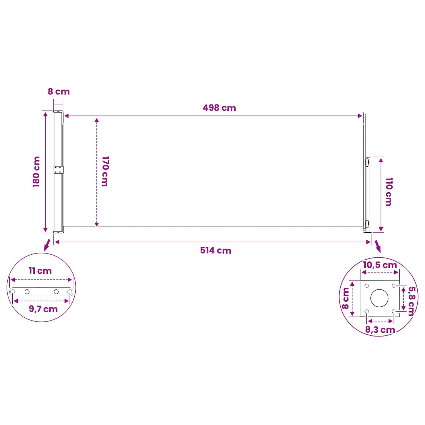 vidaXL Ανακλινόμενος Πλευρικός Απλώστρα 180 x 500 cm